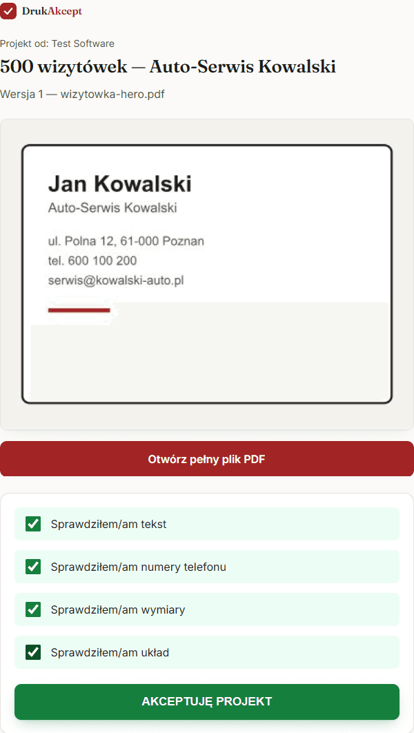 Widok klienta DrukAkcept — podgląd projektu, checklista i przycisk akceptacji